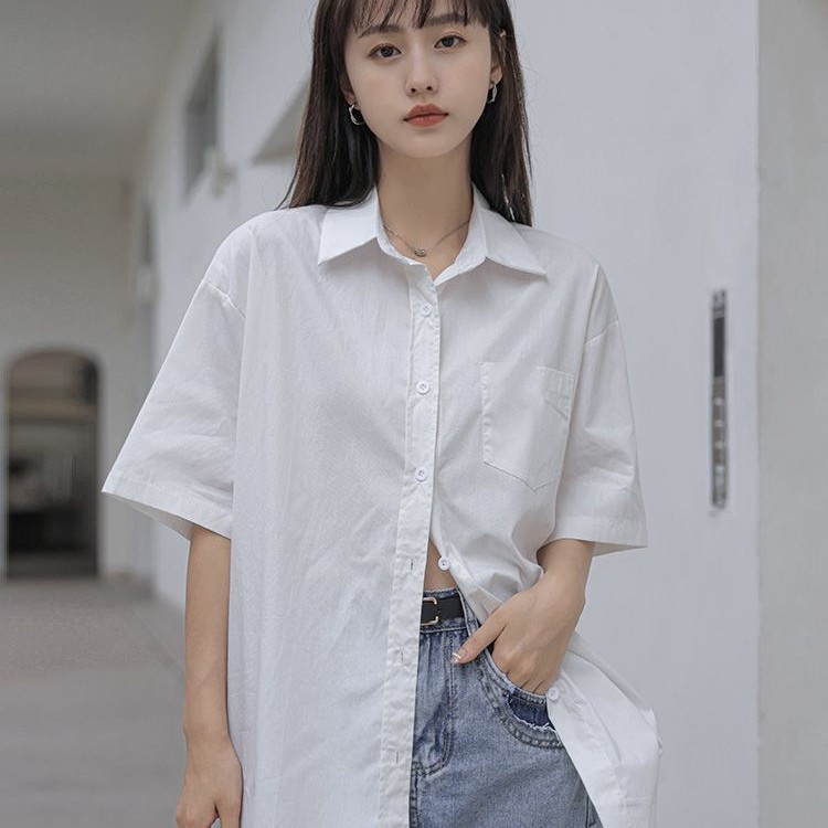 薄手 半袖 白 シャツ レディース アウター ゆったり 塩系 ミドル丈 シャツ おしゃれ 2026 トップス1414