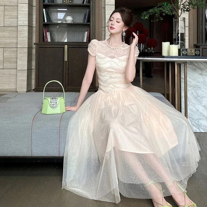 気質レース切り替えメッシュポンポンロングワンピース 結婚式 大人 演奏会 ウェディング 卒業式 レディース着痩せフォーマルキャバ パーティードレス 同窓会 披露宴