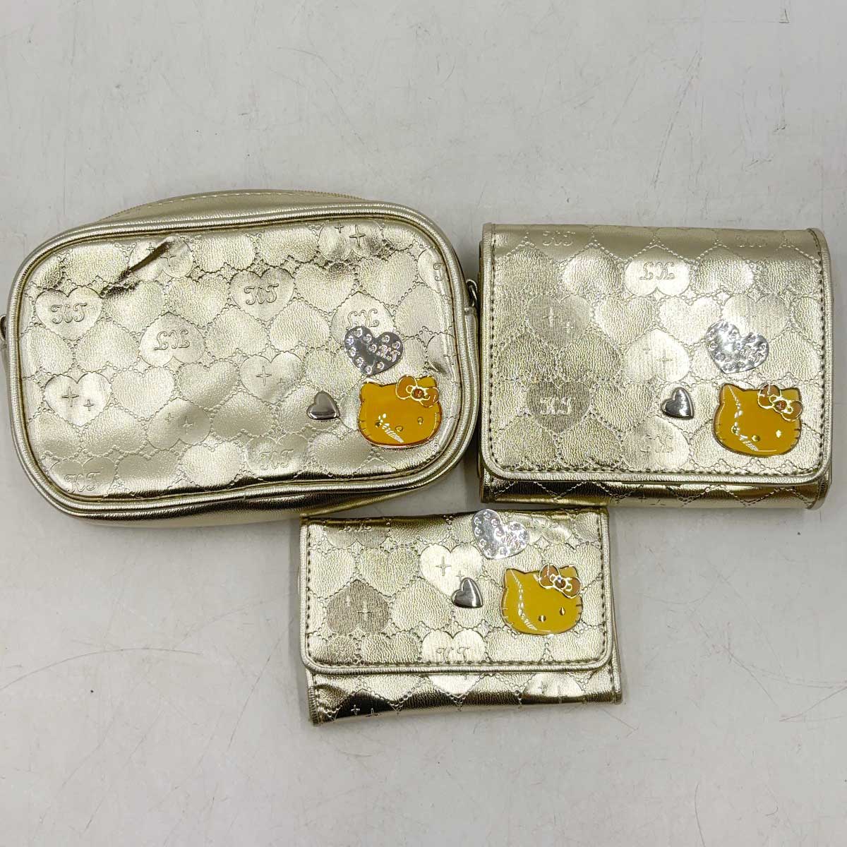 【中古】[3点セット] サンリオ ハローキティ HELLO KITTY 財布 ポーチ キーケース シャイニーハート 2008 ゴールド