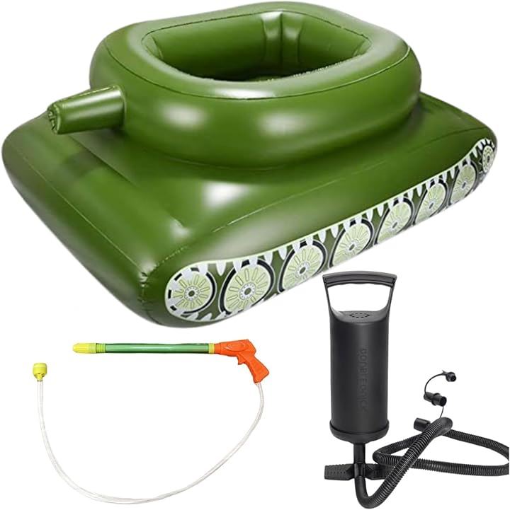 浮き輪 戦車 水鉄砲付き 対戦 ウォーターガン フロート 大きい 海 海水浴 プール 水遊び 川遊び 空気入れ付き 手動ポンプ付き(グリーン, 大)