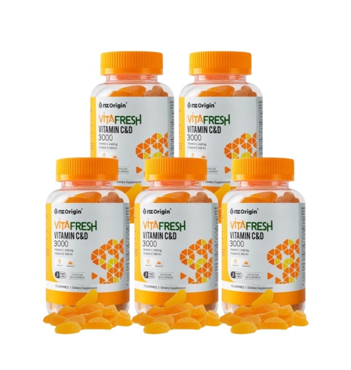 nz Origin ビタフレッシュ ビタミンC & D 3000 グミ 70個入り 5セット /みかんゼリー/甘酸っぱいオレンジ味