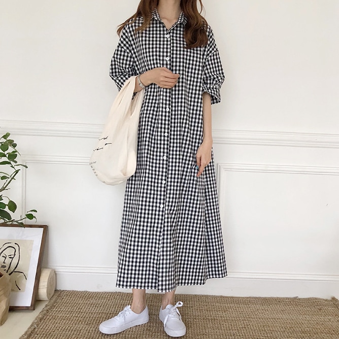 シャツワンピース ロングスカート ロング丈 袖あり 五分袖 パフスリーブ 襟付き ワイド ベーシック かわいい 大人可愛い シンプル カジュアル おしゃれ 大人可愛い 大人女子 こなれ感 ラフ