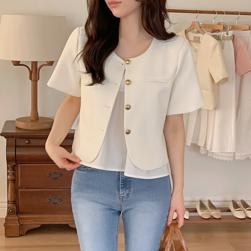 [tjk0447] 韓国ファッション ソリッド ツイード 半袖 ジャケット