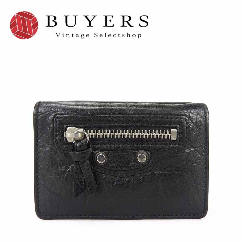中古 BALENCIAGA バレンシアガ 477455 クラシック ミニウォレット コンパクト財布 小銭入れ付き レザー ブラック レディース 女性 黒 小物 箱付き CLASSIC MINI