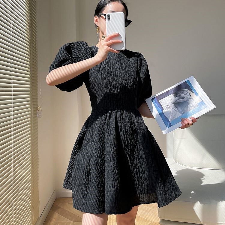 フレンチドレス パフスリーブ ドレス ワンピース 半袖 ヘップバーンスタイル ショートドレス ２カラー. a3331