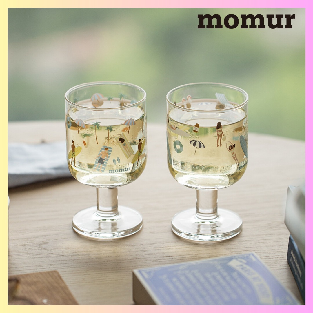 [momur weekend] Summer Holiday Wine Glass 2カラー + FREE OMAKE プリントグラス おしゃれグラス おしゃれグラス ビンテージグラス耐熱ガラス