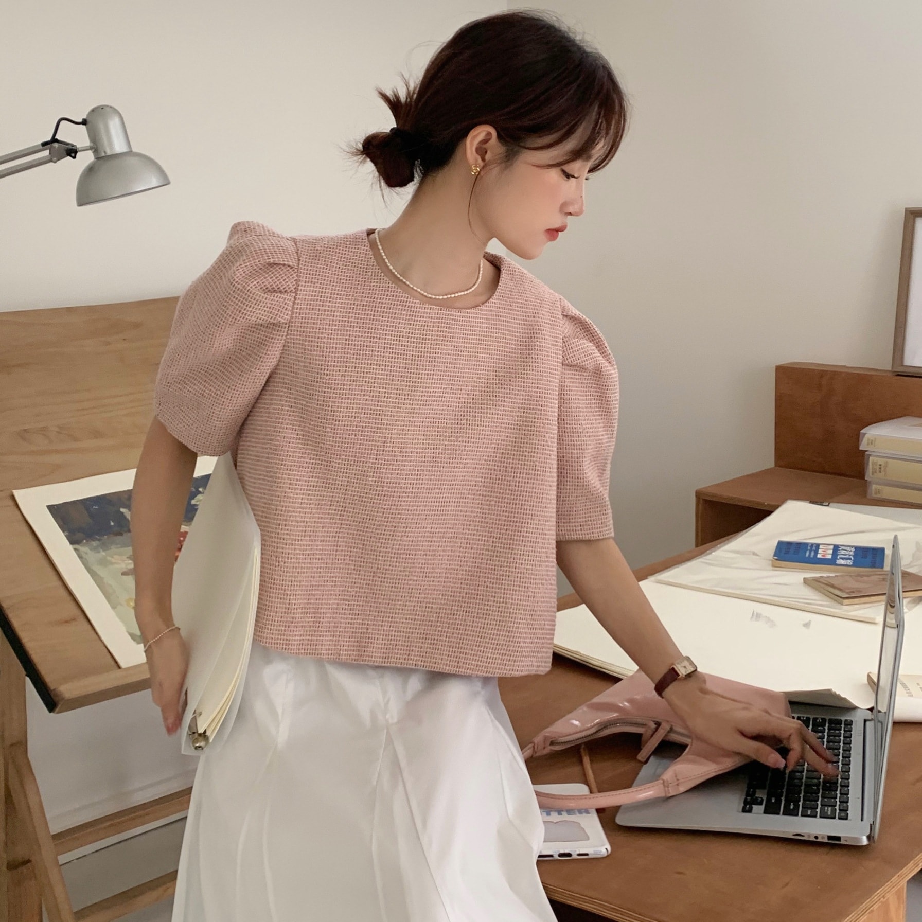 パフショル ツイードトップス ツイードプルオーバー パフショルダー カットソー 半袖 パフスリーブ ラウンドネック プルオーバー ルーズ 韓国 レディース かわいい 可愛い 大人可愛い