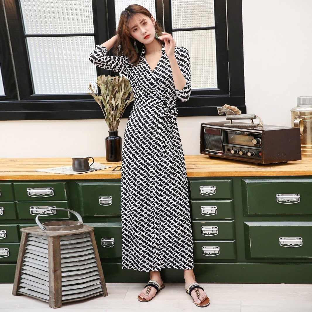 ワンピドレス ロングワンピース ラップワンピース カシュクールワンピース ハイウエスト ウエストマーク バイカラー 韓国 レディース オルチャン ロング ロング丈 袖あり 七分丈 Vネック 9,714円