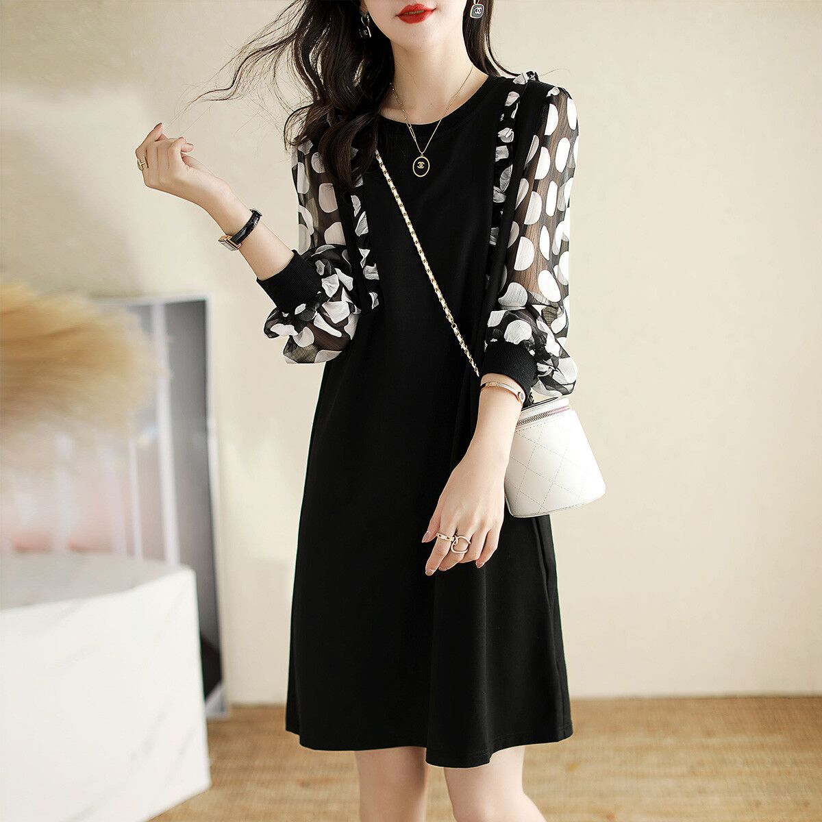 ワンピース レディース 40代 きれいめ 膝丈ワンピース 春秋 長袖ワンピース 切り替えシフォン ド 母の日のプレゼント