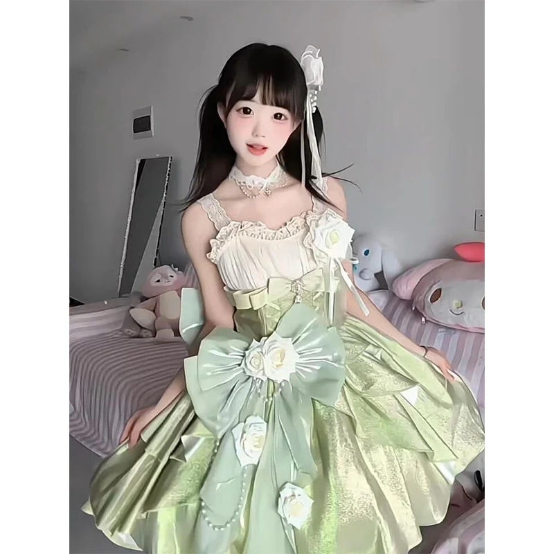グリーンローズjskプリンセススカートスモールフラワーウェディングロリータスカートバースデーかわいい甘いロリータスカート新しいワンピースドレスドレス