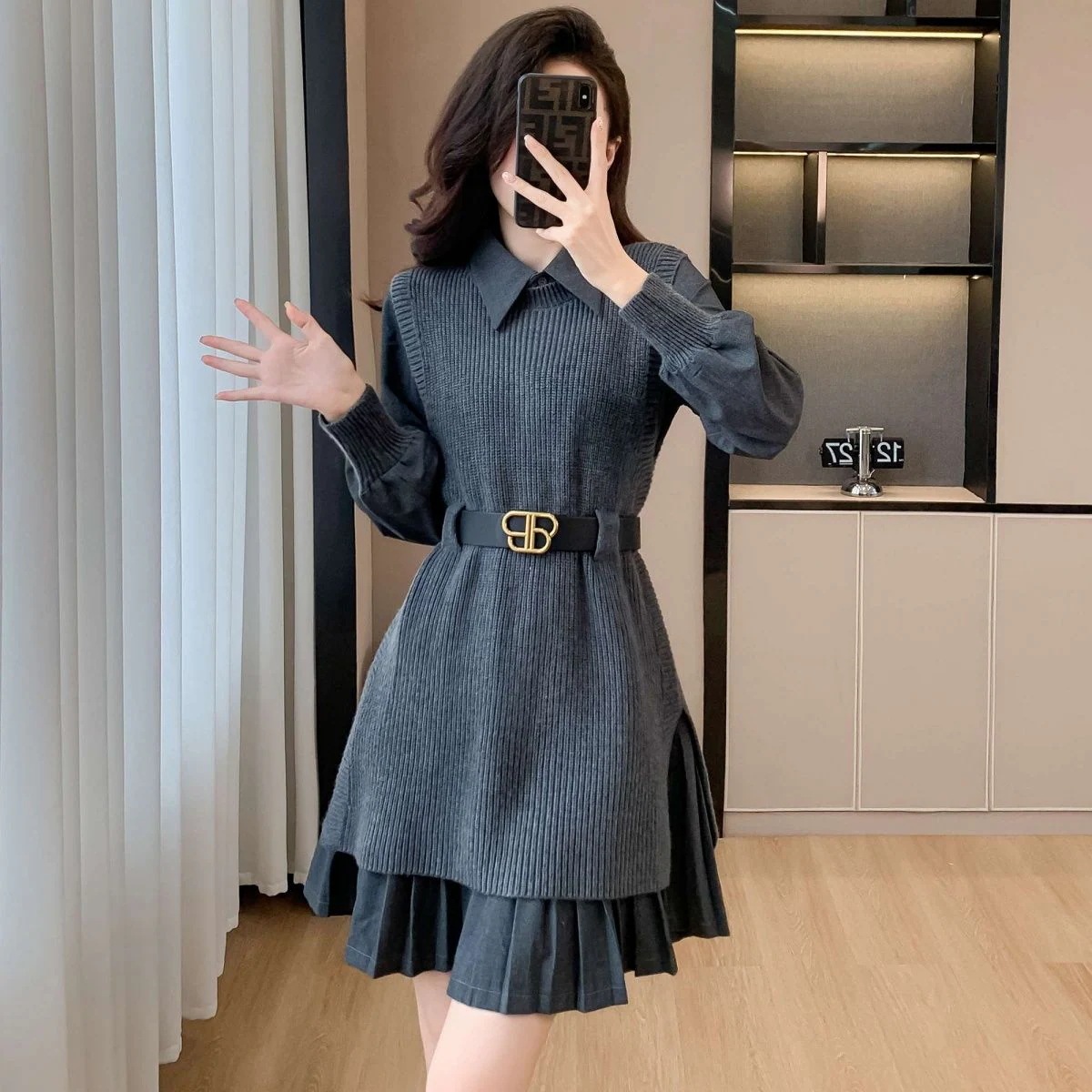 冬のワンピース 韓国ファッション フレンチボトムスニットワンピース冬新作レディースウエストセット秋冬ショートプリーツスカート