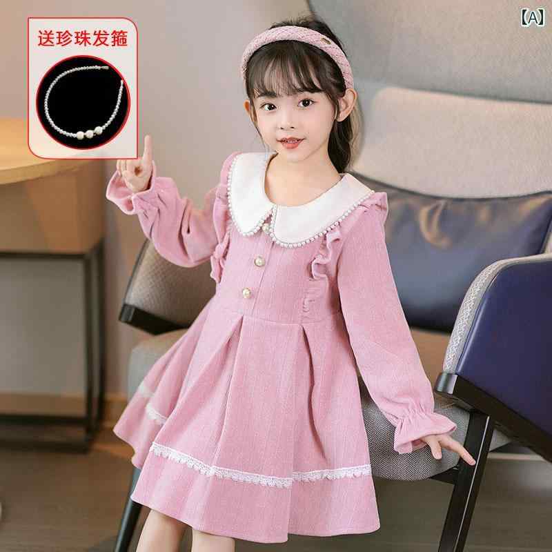 ドレス 女の子 ガール ミニ ドレス ワンピース 秋冬服 長袖 リトル ガール プリンセス お姫様 子供服 キッズ プリーツ スカート パール 丸襟 フリル キラキラ ラメ入り かわいい