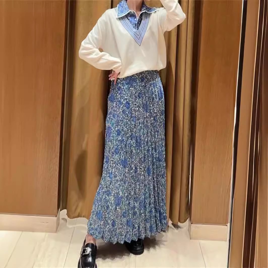 エレガント 2024 早春ファッション プレスプリーツ花柄ミディ丈スカート