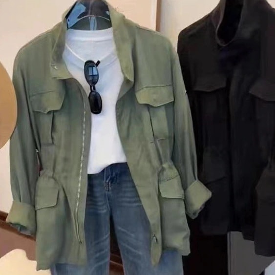 2025 カジュアルトップス女性のルーズ韓国スタイル怠惰なアーミーグリーン作業服ウインドブレーカージャケットミッドレングストップス