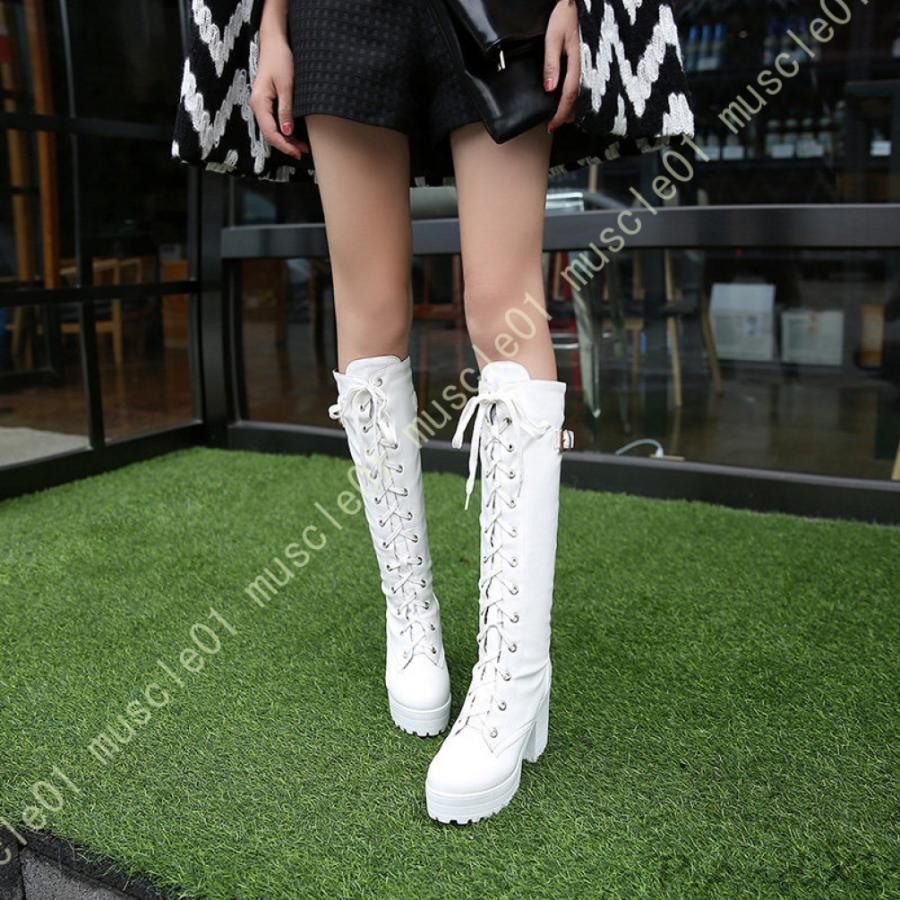 ブーツ レディース ロング 黒 白 秋冬 シンプル 美脚 レースアップブーツ 編み上げシューズ 長靴 厚底 カジュアル 履きやすい ロングブーツ 太ヒール 5,306円