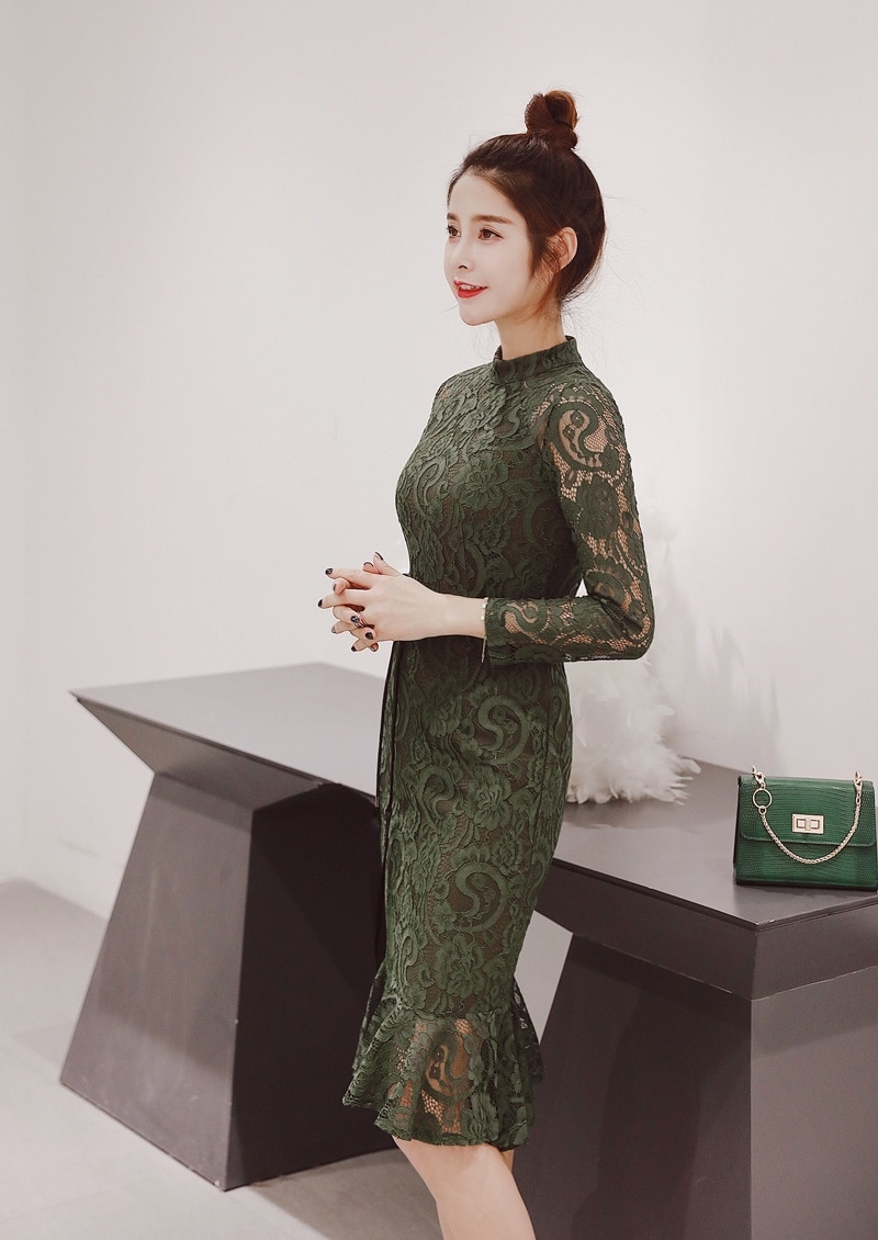 A1011.シースルーレースフレアドレス（グリーン）2019 春夏 sale 春夏 sale ワンピース 長袖 フリル エレガント お呼ばれ パーティー 結婚式 披露宴 女子会 レストラン デート