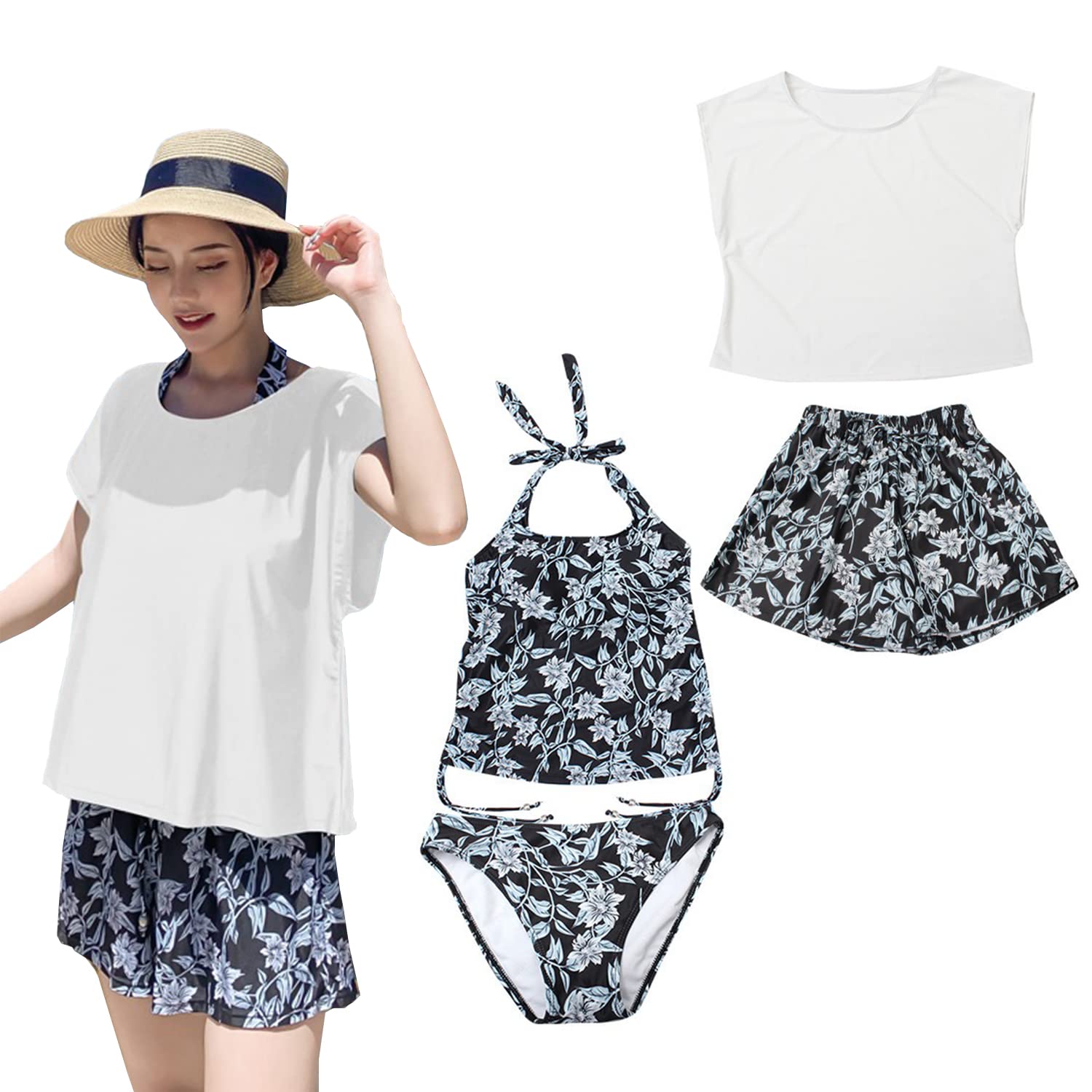 [Eolluka] 水着 レディース 体型カバー タンキニ 4点セット ブラトップ ショーツ ショートパンツ ショートパンツ Tシャツ ラッシュガード ママ水着…