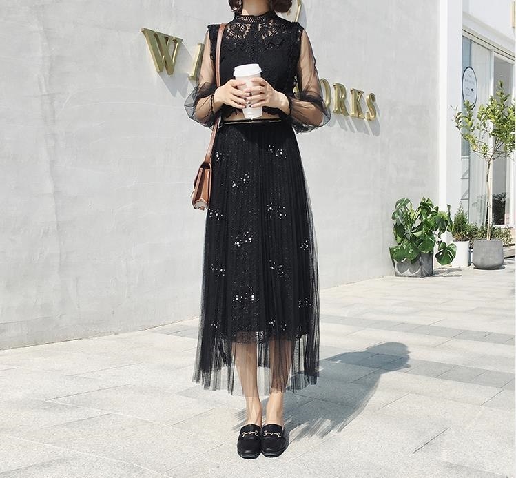 3099.シックでおしゃれ チュールプリーツロングスカート（ブラック）