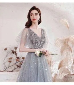 母の日ウェディングドレス二次会ドレスグレー演奏会ドレス（カラードレス）豪華ウェディングドレス星柄Aラインドレスロング丈スレンダードレスキラキラ編み上げ個性派海外ウエディング演奏会/結婚式/披露宴カラー