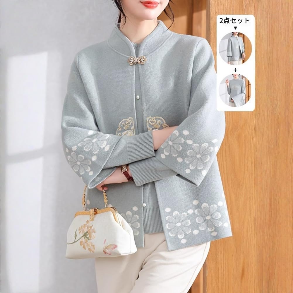 【2点セット】シニアファッション レディース 中高年 婦人 ニット 花柄 長袖 ハイネック プルオーバー セーター 前開きボタン 七分袖 カーディガン 年寄り トップス カジュアル 上着 着痩せ