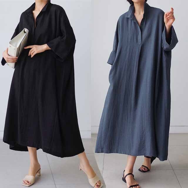 ロング丈ワンピーススキッパービッグシルエットボリューム袖コットンリネン綿麻着物マキシ丈マキシワンピ