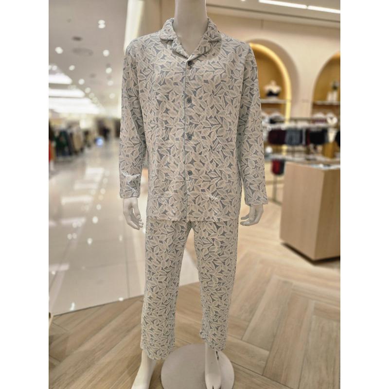 心地よい三重織り綿 グリーン木の葉 男性パジャマ (MP8840A)