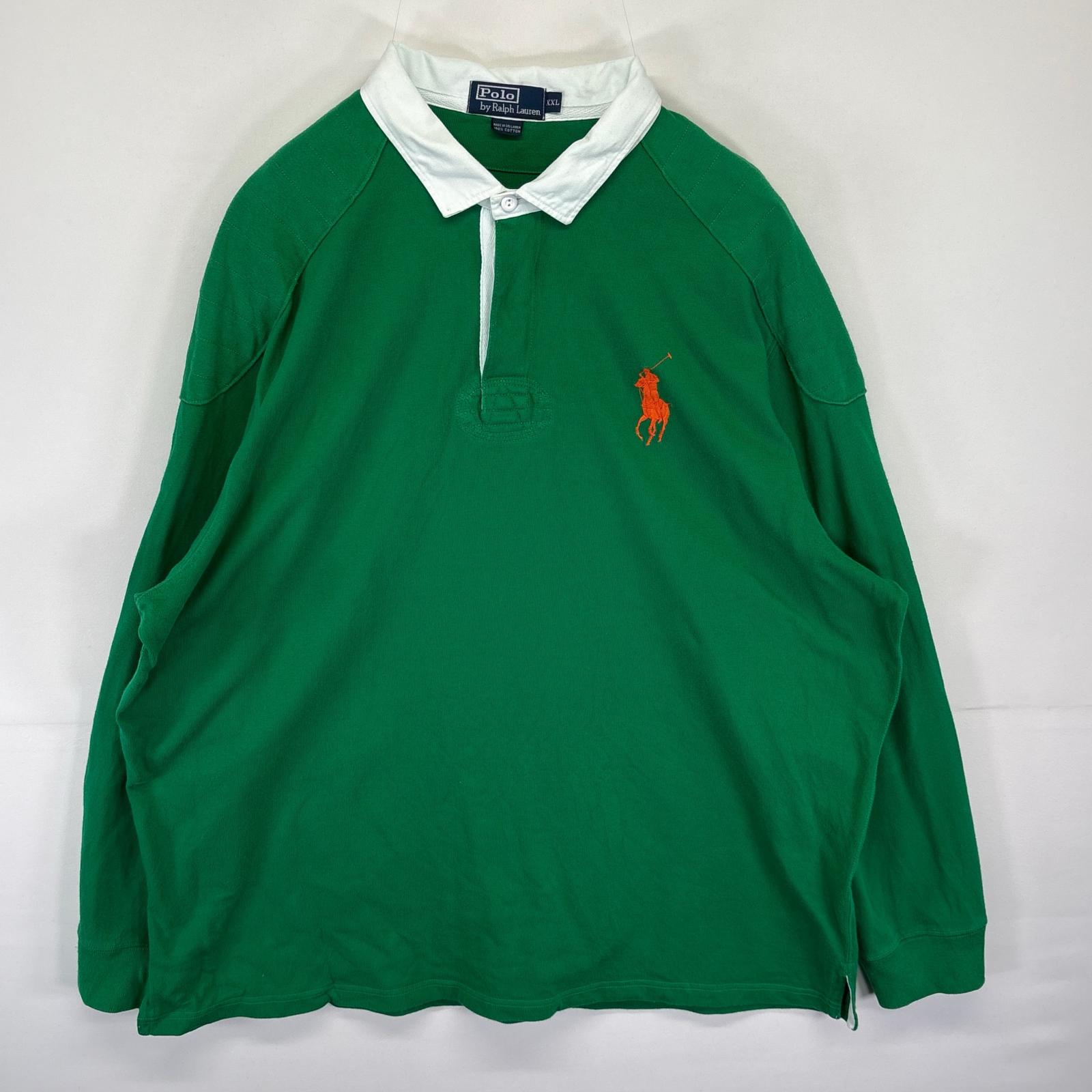 古着 ポロバイラルフローレン Polo by Ralph Lauren 長袖 ラガーシャツ ビッグポニーロゴ刺繍 エルボーパッチ XXL グリーン メンズ