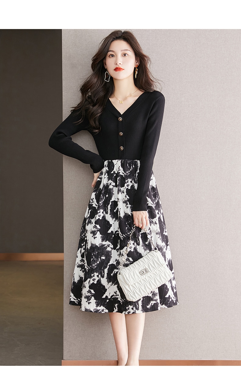 秋 ファッション スカート V ネック ブレストボタン 絶妙 女性 ニットドレス ブラック M L XL XXL ワンピース 袖あり かわいい 大人可愛い きれいめ シンプル カジュアル 大人