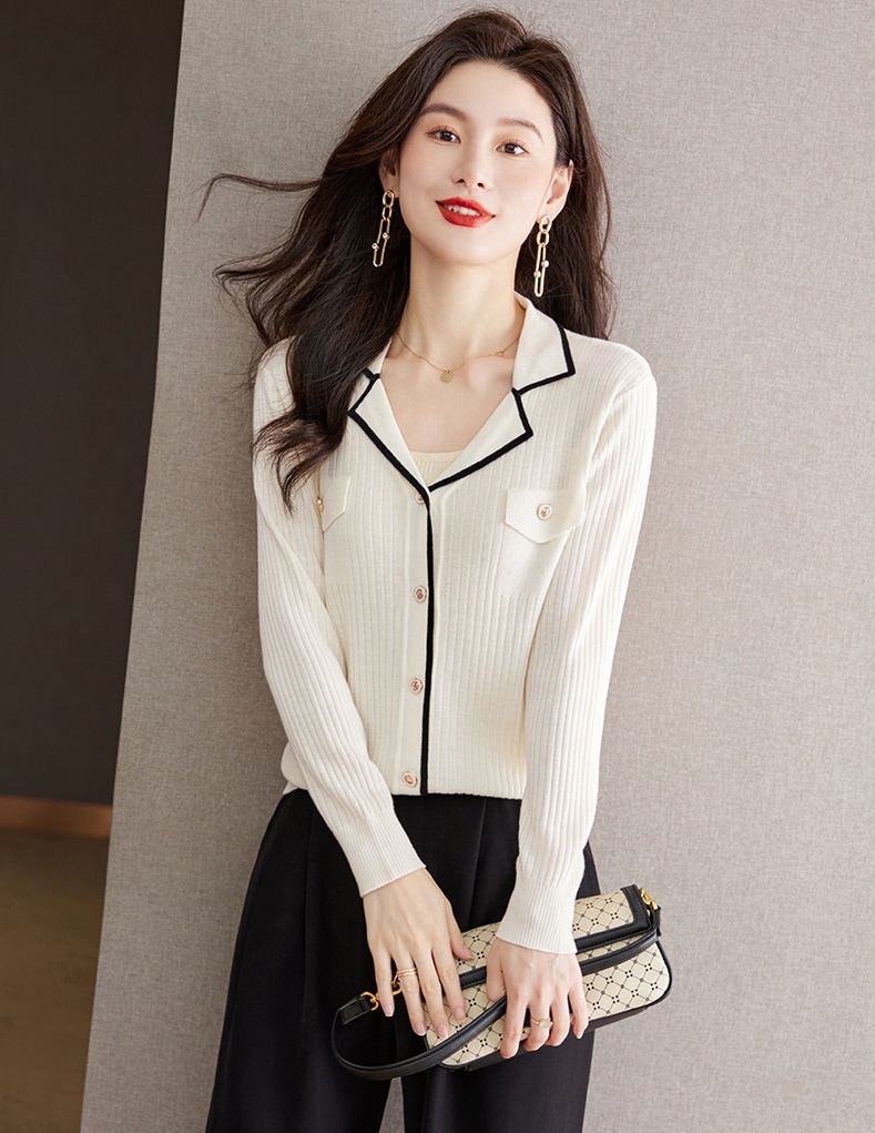 秋 エレガント カジュアル ショートトップ 女性 スーツ シンプル アウター デザイン やさしい ニット カーディガン ブラック ホワイト M L XL XXL トップス 袖あり かわいい 大人可愛い