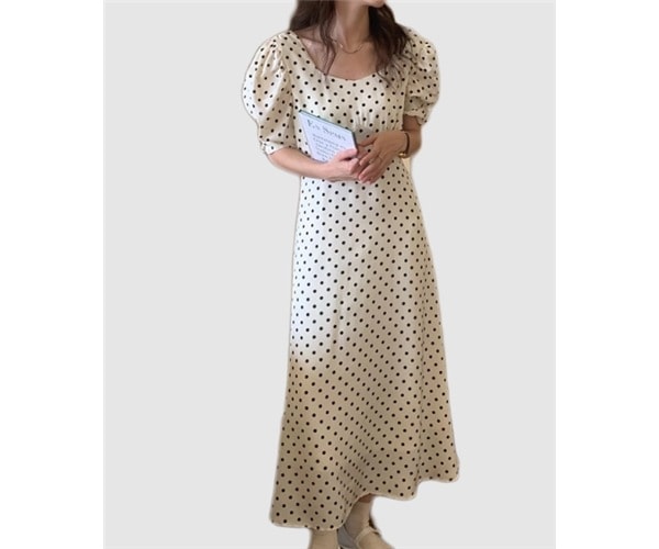 レディース プルオーバー ドレス ワンピース ロング 半袖 ボリューム袖 パフスリーブ スクエアネック スリム 細身 Aライン 背中開き フェミニン バックリボン ハイウエスト サテン かわいい