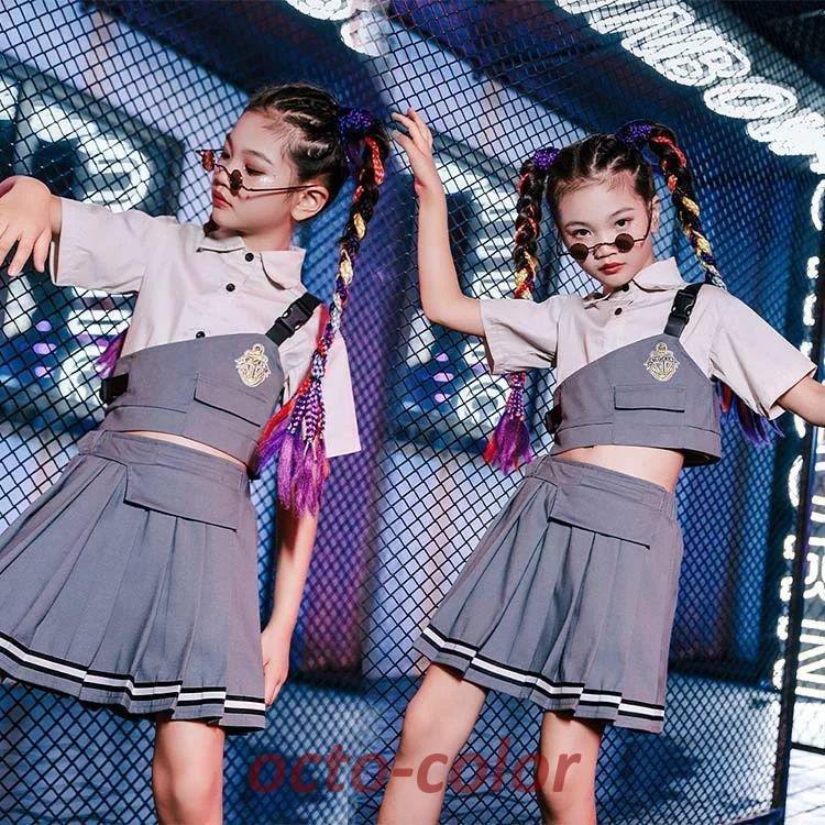 ダンス 衣装 キッズ 韓国 夏 ジャズダンス チアガール ガールズ シャツ スカート セットアップ へそ出し ヒップホップ 応援団 HIPHOP 練習着 おしゃれ舞台