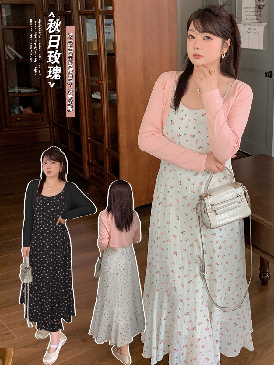 【ぽちゃまに】 2024秋新品 カバー＋ワンピース 2セット 大きいサイズ 体型カバー レディース 花柄 キャミワンピース メガ割30%までに制限