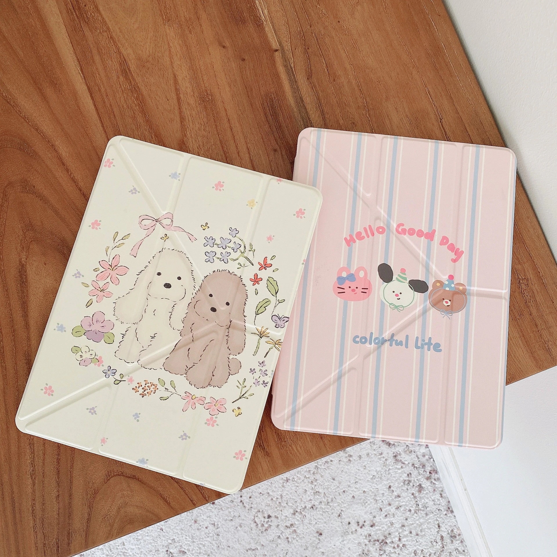 Apple および Huawei のタブレット保護ケースに適しておりガーリーなスタイルとかわいい子犬の iPad 落下防止保護レザー ケースが 20% オフで提供されます