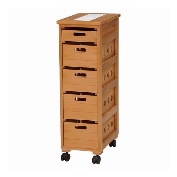 天然木製 ストッカーワゴン ナチュラル・幅25×奥行40×高さ79cm MUD-6781NA