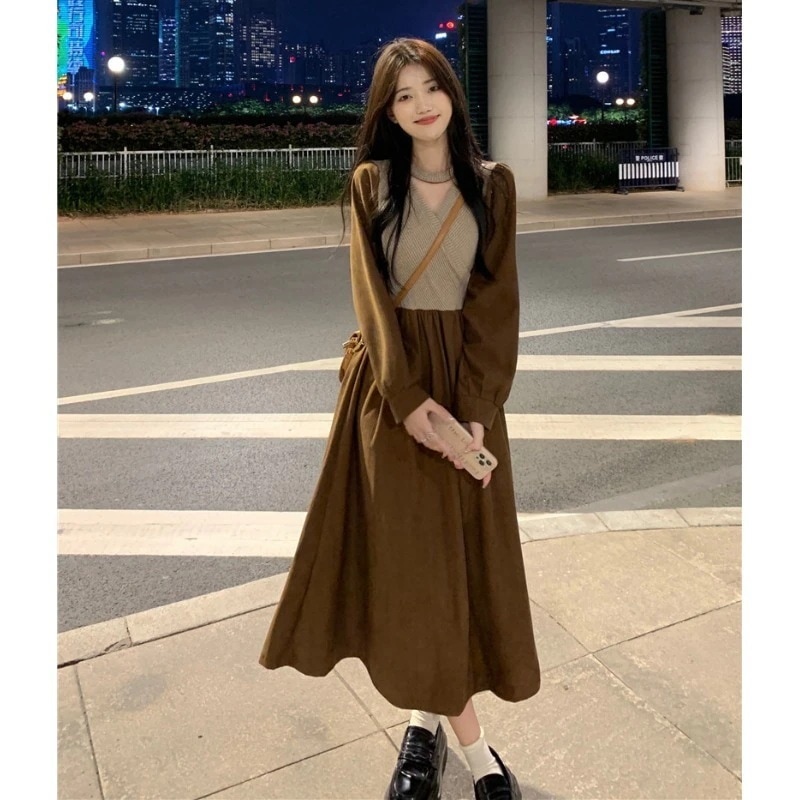 ニット ワンピース 膝下 ミモレ ミモレ丈 袖あり 長袖 Vネック カシュクール 襟なし スリム Aライン ドッキング ハイウエスト 伸縮性 ふんわり かわいい 大人可愛い きれいめ カジュアル 大人 5,382円