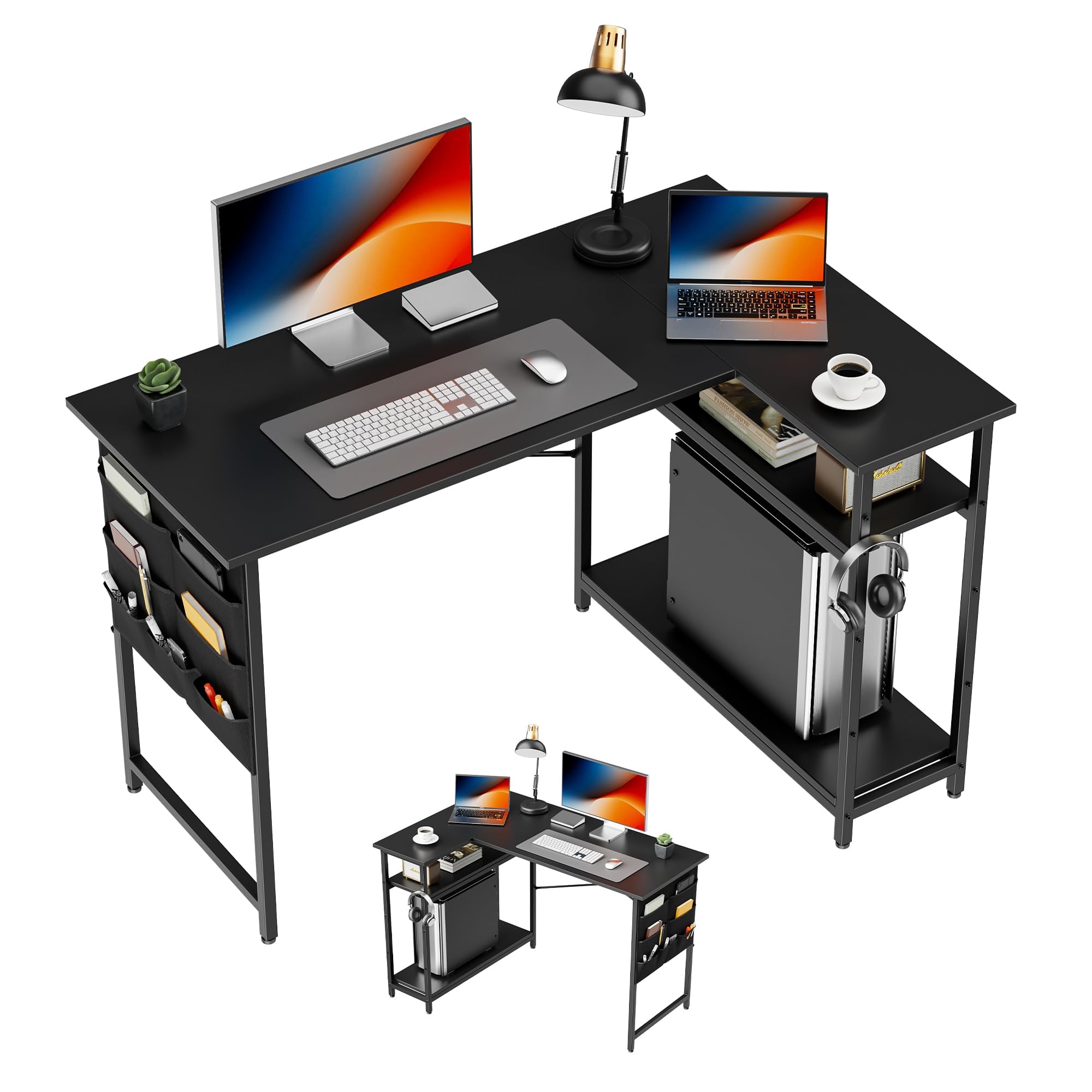 Alebert デスク 机 L字デスク パソコンデスク 幅107cm 机 pcデスク 勉強机 テーブル 作業机 ゲーミングデスク ラック付き l字型 棚板高さ調節可能 省スペース (ブラック)