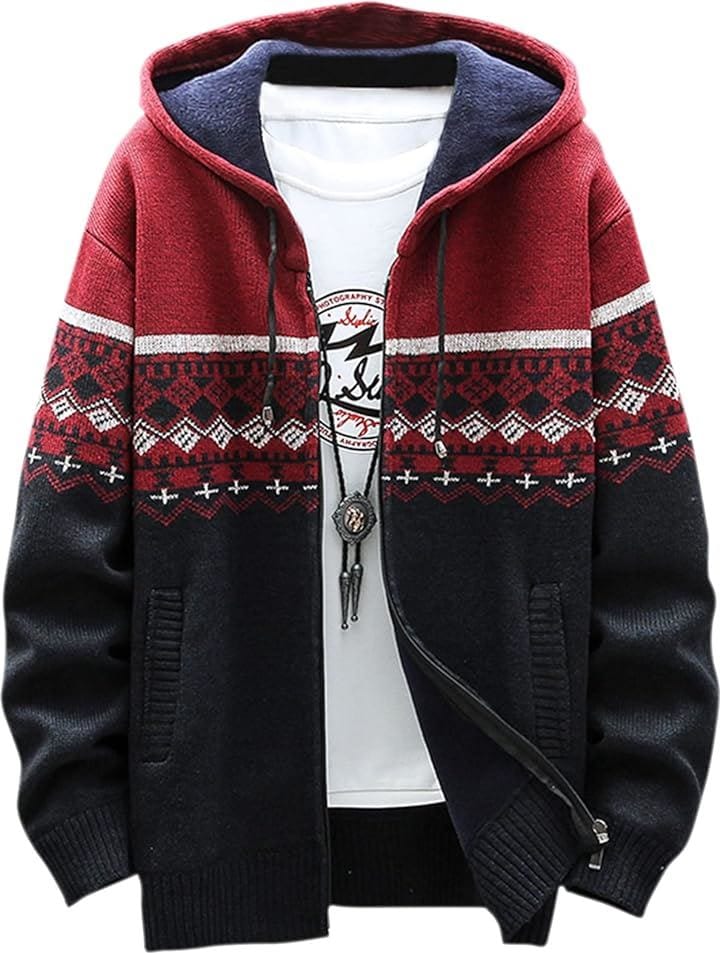 オルテガ柄 メンズ ニット パーカー あったか ジップアップ カーディガン 前開き アウター( レッド, L)