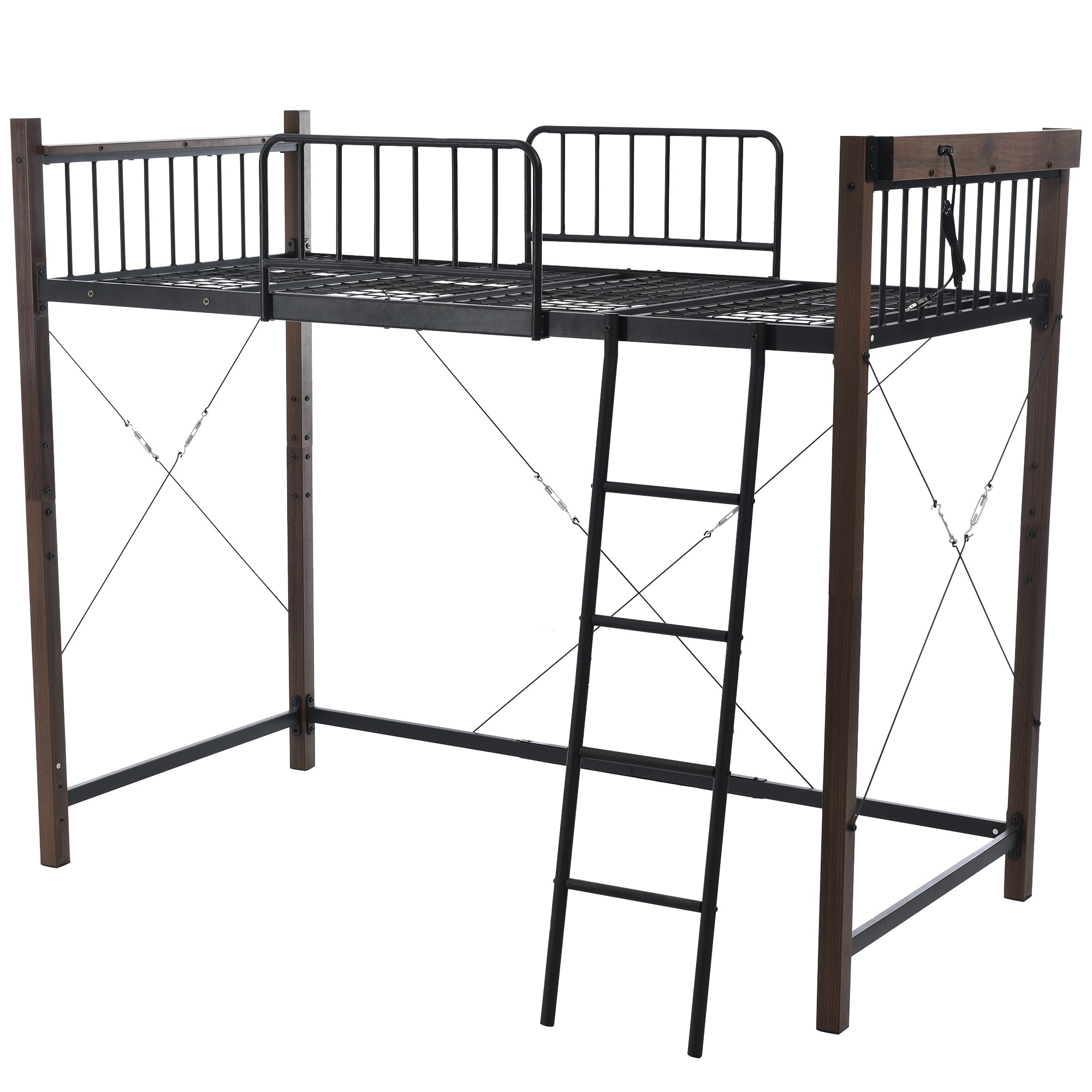 【国内発送Ｍ】139ロフトベッド シングル パイプベッド コンセント付き おしゃれ 北欧風 スチール ベッド パイプベッド パイプ 金属 耐震 木目塗装 ロフトベッド ハイタイプ システムベッド 子供