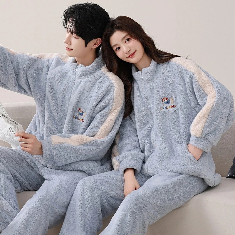 赤字開催 ペアパジャマ もこもこ 冬 男女2着 セット 厚手 防寒 セットアップ カップル パジャマ ルームウェア フランネル スタンド襟 愛犬 刺繍 おしゃれ ペア 長袖 前開き レディース 夫婦