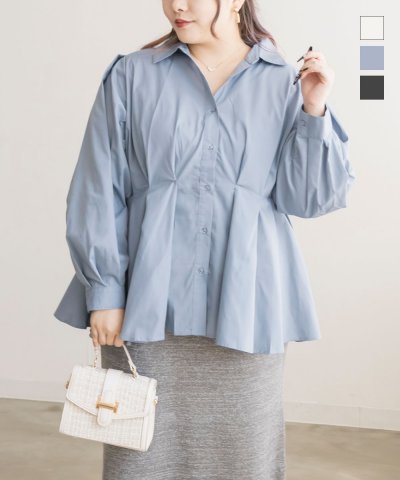 大きいサイズ レディース LL 3L 4L XL XXL XXXL ウエストタックペプラム長袖ブラウス