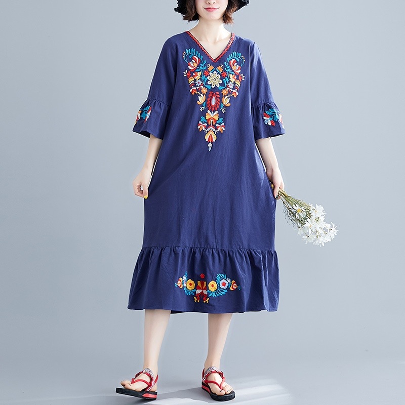 ドレス ミディアム丈 袖あり 7分袖 七分袖 Vネック 刺繍 プルオーバー クリエイティブ 綿 リネン コットン きれいめ カジュアル 大人 上品 おしゃれ お洒落 大人女子 こなれ感 個性的 モダン