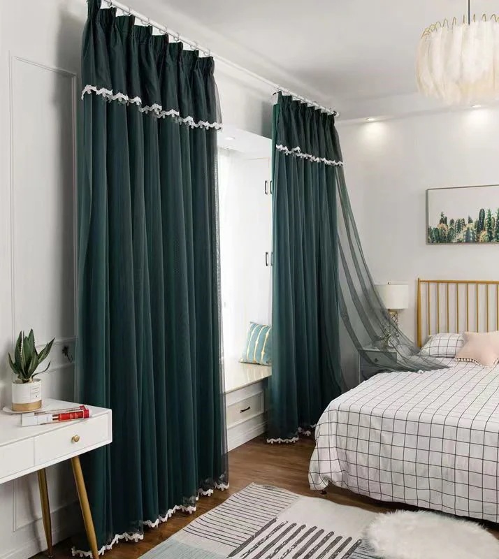 韓国ファッション カーテンセット遮光カーテン+レース２枚組/ 断熱 遮光 省エネ レースカーテン UVカット防音 北欧風 かわいい ホームデザイン*