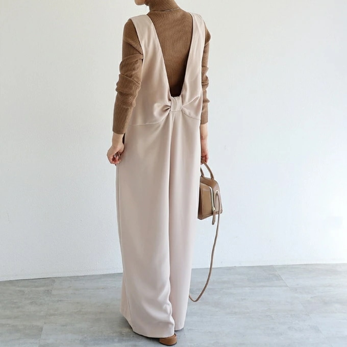 サロペット オーバーオール ボトムス ワイド レディース シンプル リボン マタニティ コンシールファスナー 無地