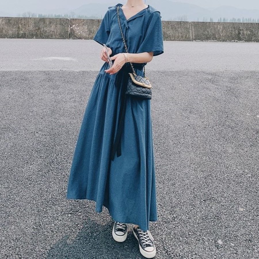 夏の新着商品 ワンピース サマードレス 半袖 韓国 ロング丈 フレンチシャツ 10681 価格が下がった