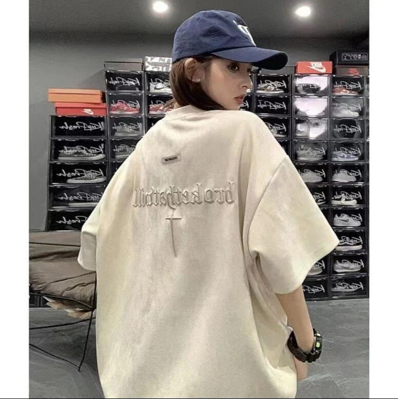 ベロア半袖男ゆったりアメリカンクルーネックTシャツ風カップル学生下着