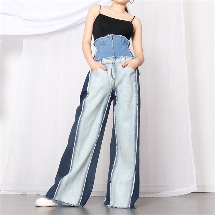 INSスタイル ワイドパンツ ジーンズ スリム 快適である ゆったりする ハイウエスト 縫付 ロングパンツ