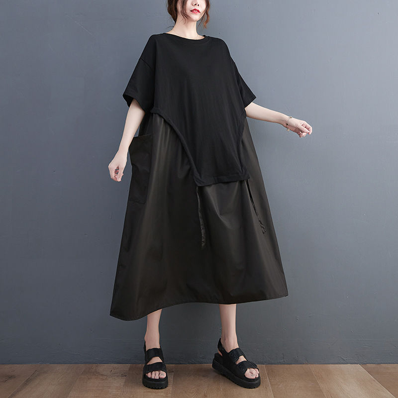 メガ割 袋付き 大きいサイズ 巾着 体型カバー Tシャツワンピース ドッキングワンピース 「ファットガール」 ラウンドネック 日焼け止め ポケット レディースロングワンピース