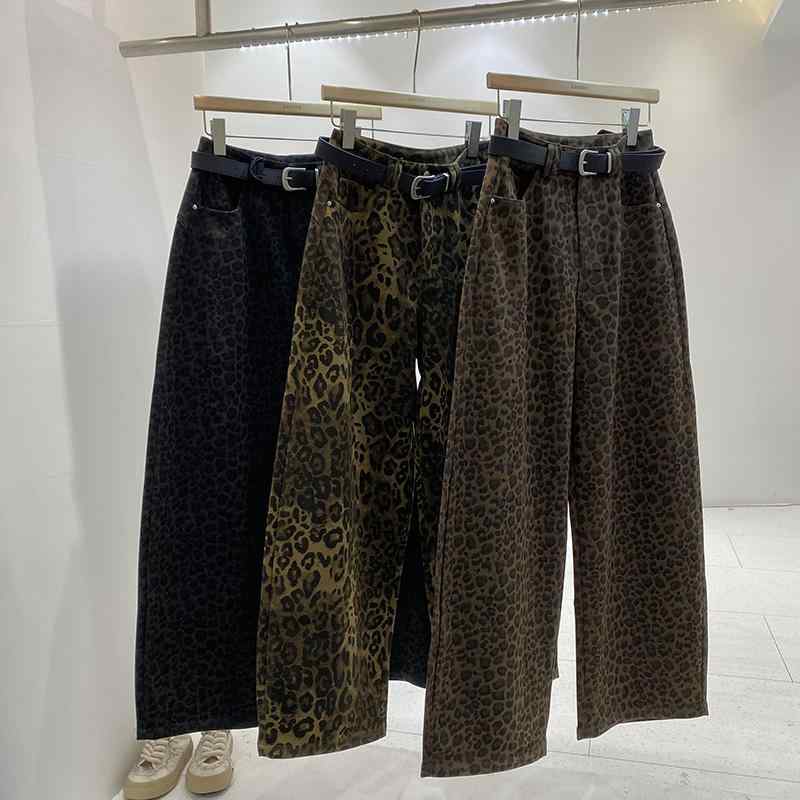 デニムパンツ レディース ボトムス ジーンズ アメリカン レトロ スリム 厚手 暖かい ストレート 秋冬 ヒョウ柄 レオパード