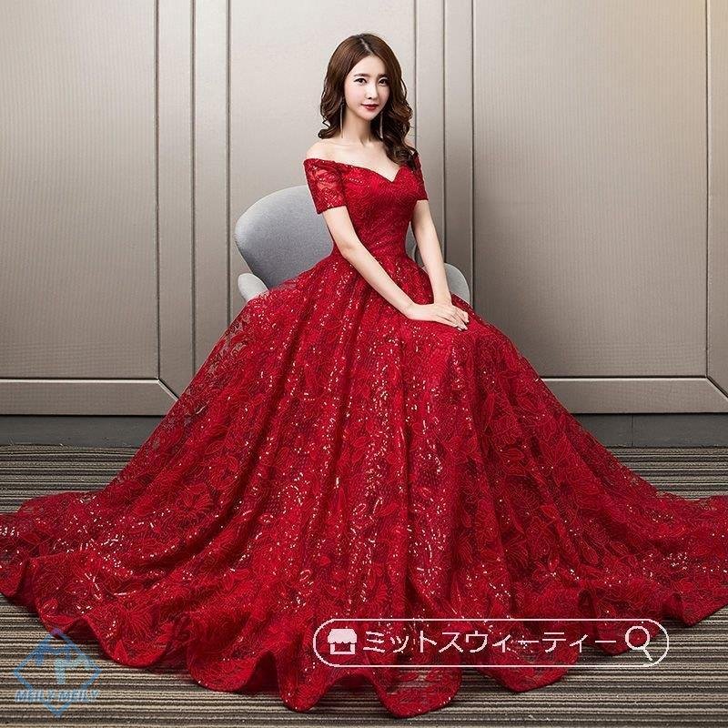 カラードレス パーティードレス Aライン 赤 レッド 半袖 リーフ 花柄 演奏会 発表会 ウェディン 12,134円