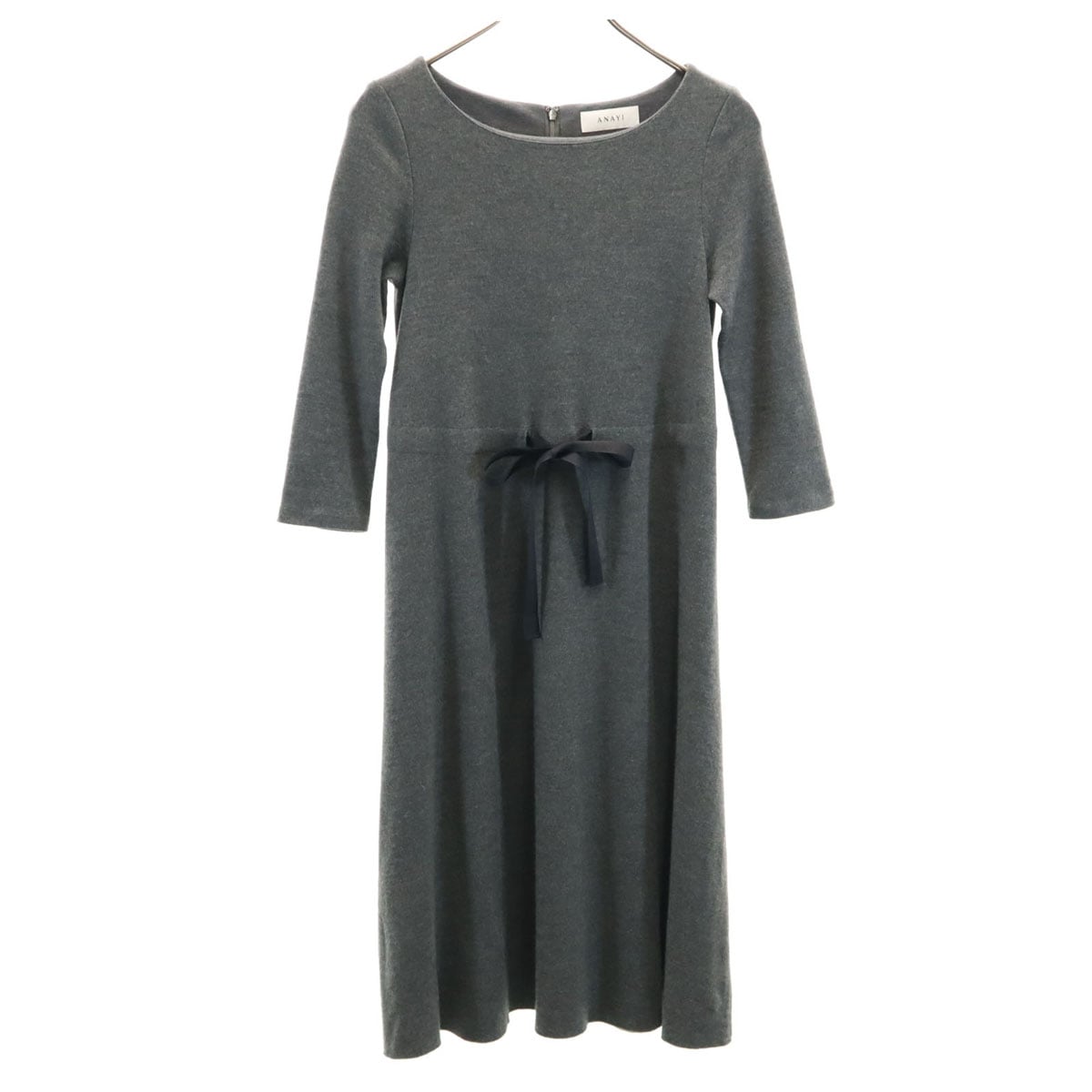 ウール100％ 日本製 5分袖 ワンピース 36 グレー レディース 古着